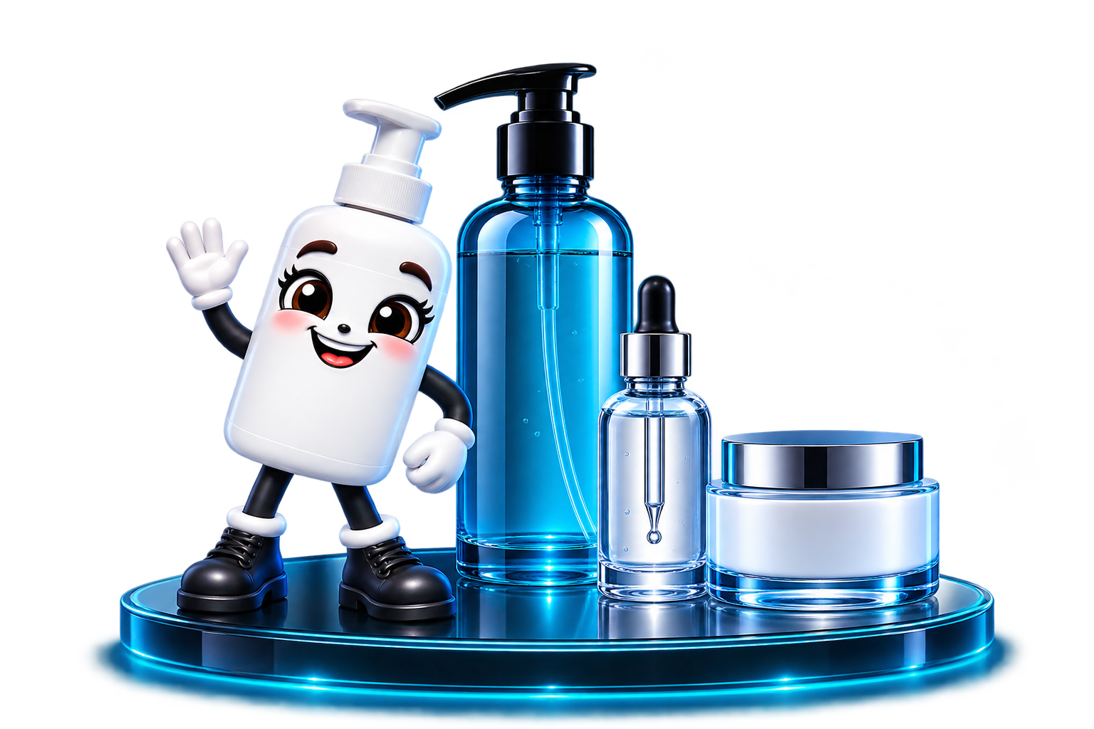 Creamy junto al shampoo, sérum y crema de Laboratorio Genus sobre un pedestal iluminado